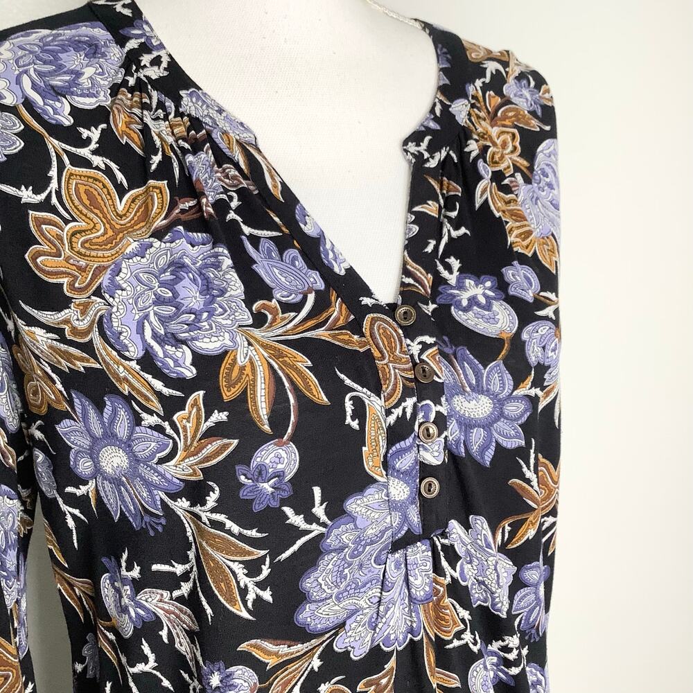 Lucky Brand Black Blue Tan Floral Print 3/4 Sleeve Boho Blouse Top Medium - Picture 2 of 7